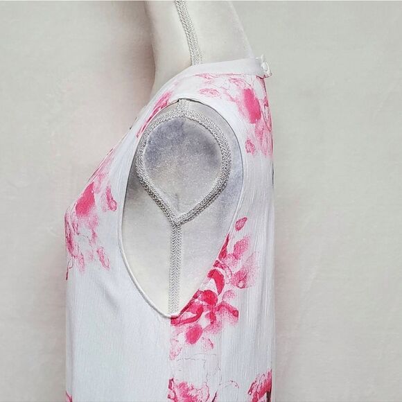 JODIFL Pink Blue Floral Sleeveless Keyhole Loose Fit Pleated Tunic Dress Medium - Picture 6 of 11